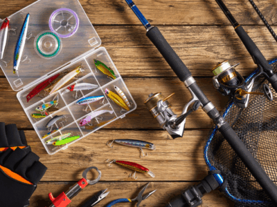 Brightly colored fish bait and a few fishing poles